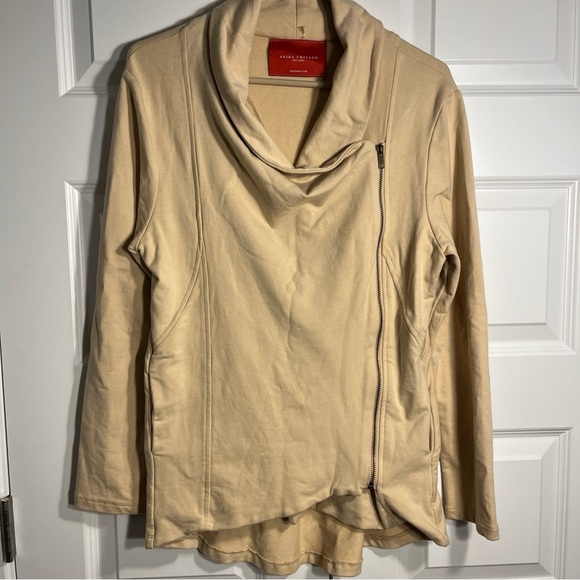 AKIRA CHICAGO Red Label Womens Long Tan Moto Zip Knit Jacket L - Picture 1 of 8